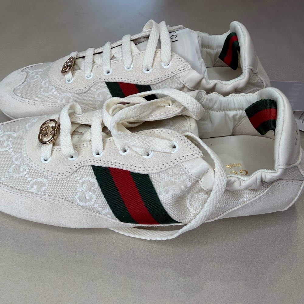 Gucci Off-White GG Canvas Sneakers with Green and Red Web
